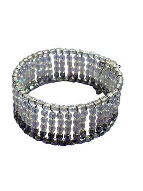 Vintage Beaded Stretchy Cuff Bracelet Plastic AB Aurora Borealis Silvertone